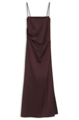 Draped-waist maxi dress in satin fabric, Dark Brown