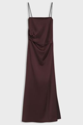 Draped-waist maxi dress in satin fabric, Dark Brown