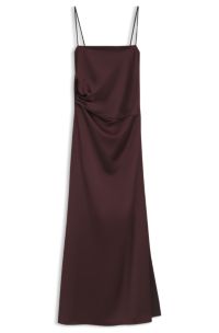 Draped-waist maxi dress in satin fabric, Dark Brown