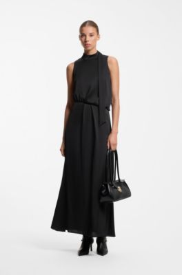 Satin maxi dress with scarf neckline, Black