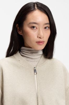 Loose-fit zip-up sweatshirt in melange jersey, Light Beige
