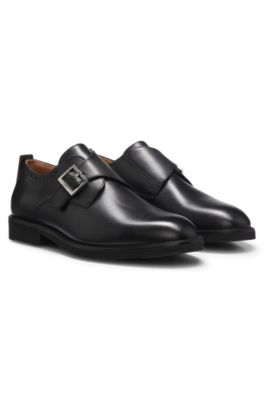 Leather monk shoes with brogue details, Black