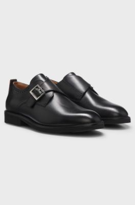 Leather monk shoes with brogue details, Black
