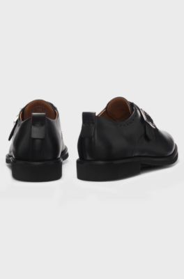 Leather monk shoes with brogue details, Black