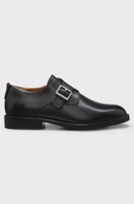 Leather monk shoes with brogue details, Black