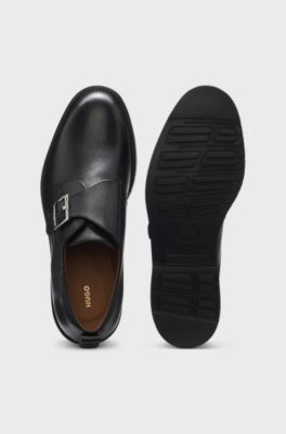Leather monk shoes with brogue details, Black