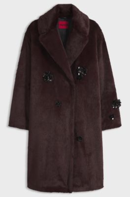 Sequin-detail oversize-fit coat in faux fur, Dark Brown