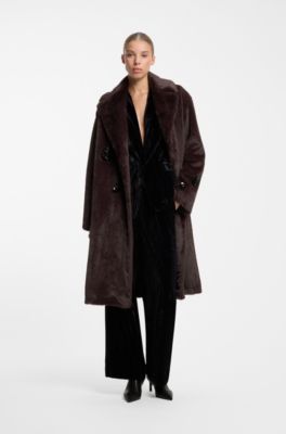 Sequin-detail oversize-fit coat in faux fur, Dark Brown