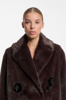 Sequin-detail oversize-fit coat in faux fur, Dark Brown