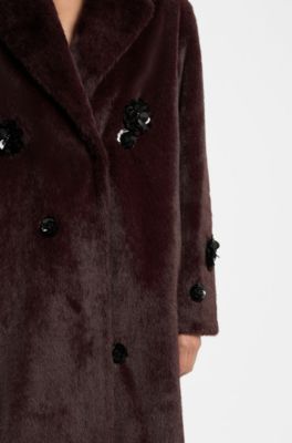 Sequin-detail oversize-fit coat in faux fur, Dark Brown