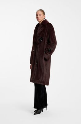Sequin-detail oversize-fit coat in faux fur, Dark Brown