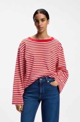 Relaxed-fit striped top in cotton jersey, Red Stripes