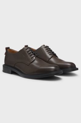 Derby shoes in leather with embossed logo, Dark Brown