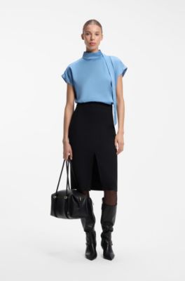 Modern business top with a scarf accent, Light Blue