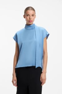 Modern business top with a scarf accent, Light Blue