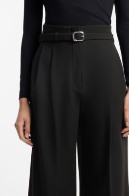 Belted relaxed-fit trousers in stretch fabric, Black