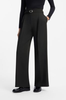 Belted relaxed-fit trousers in stretch fabric, Black