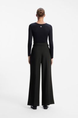 Belted relaxed-fit trousers in stretch fabric, Black
