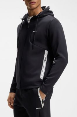 Sweat &agrave; capuche zipp&eacute; en coton m&eacute;lang&eacute; avec d&eacute;tails contrastants, Bleu fonc&eacute;