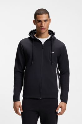 Sweat &agrave; capuche zipp&eacute; en coton m&eacute;lang&eacute; avec d&eacute;tails contrastants, Bleu fonc&eacute;