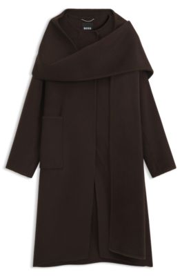 Wool-blend coat with detachable scarf, Brown
