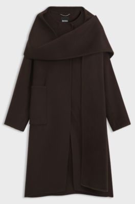 Wool-blend coat with detachable scarf, Brown