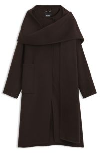 Wool-blend coat with detachable scarf, Brown