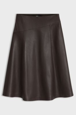 A-line nappa leather skirt with diagonal cut, Brown
