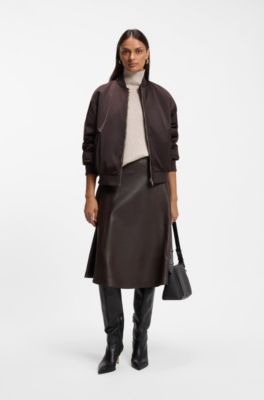 A-line nappa leather skirt with diagonal cut, Brown