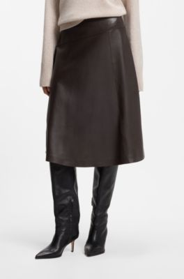 A-line nappa leather skirt with diagonal cut, Brown