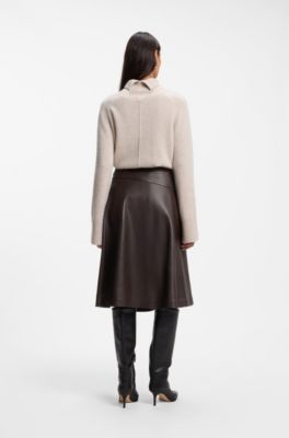 A-line nappa leather skirt with diagonal cut, Brown