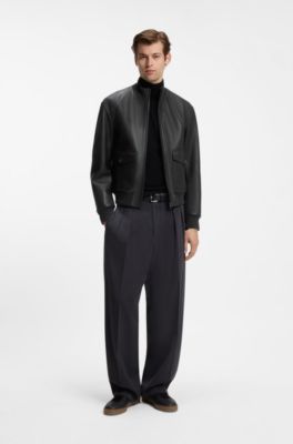 BOSS BY BECKHAM leather jacket with knit trims, Dark Brown