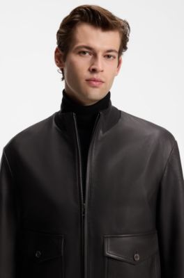 BOSS BY BECKHAM leather jacket with knit trims, Dark Brown