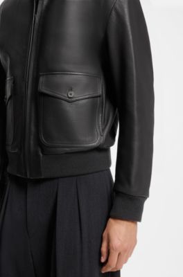 BOSS BY BECKHAM leather jacket with knit trims, Dark Brown
