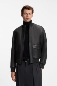BOSS BY BECKHAM leather jacket with knit trims, Dark Brown