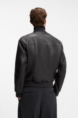 BOSS BY BECKHAM leather jacket with knit trims, Dark Brown