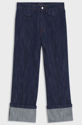 Wide-leg jeans in blue denim with turn-ups, Dark Blue
