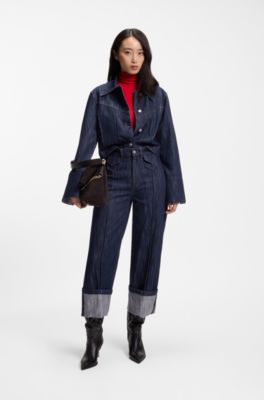 Wide-leg jeans in blue denim with turn-ups, Dark Blue