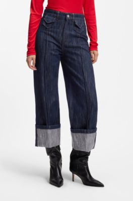 Wide-leg jeans in blue denim with turn-ups, Dark Blue