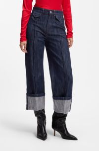 Wide-leg jeans in blue denim with turn-ups, Dark Blue