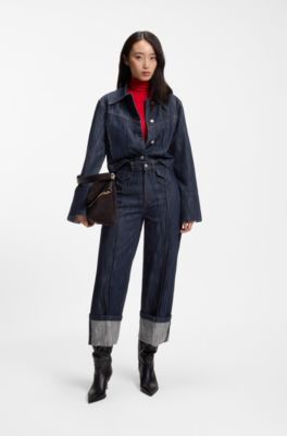 Boxy-fit denim shirt jacket in cotton, Dark Blue