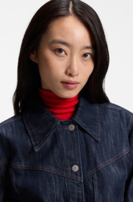 Boxy-fit denim shirt jacket in cotton, Dark Blue