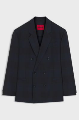 Modern-fit blazer in checked virgin wool, Dark Blue