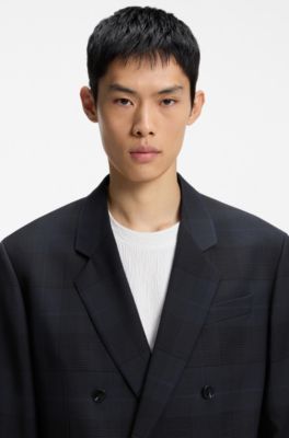 Modern-fit blazer in checked virgin wool, Dark Blue