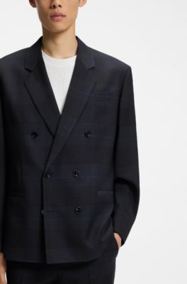 Modern-fit blazer in checked virgin wool, Dark Blue