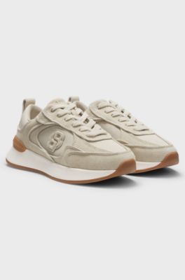 Suede trainers with Double B monogram, Light Beige