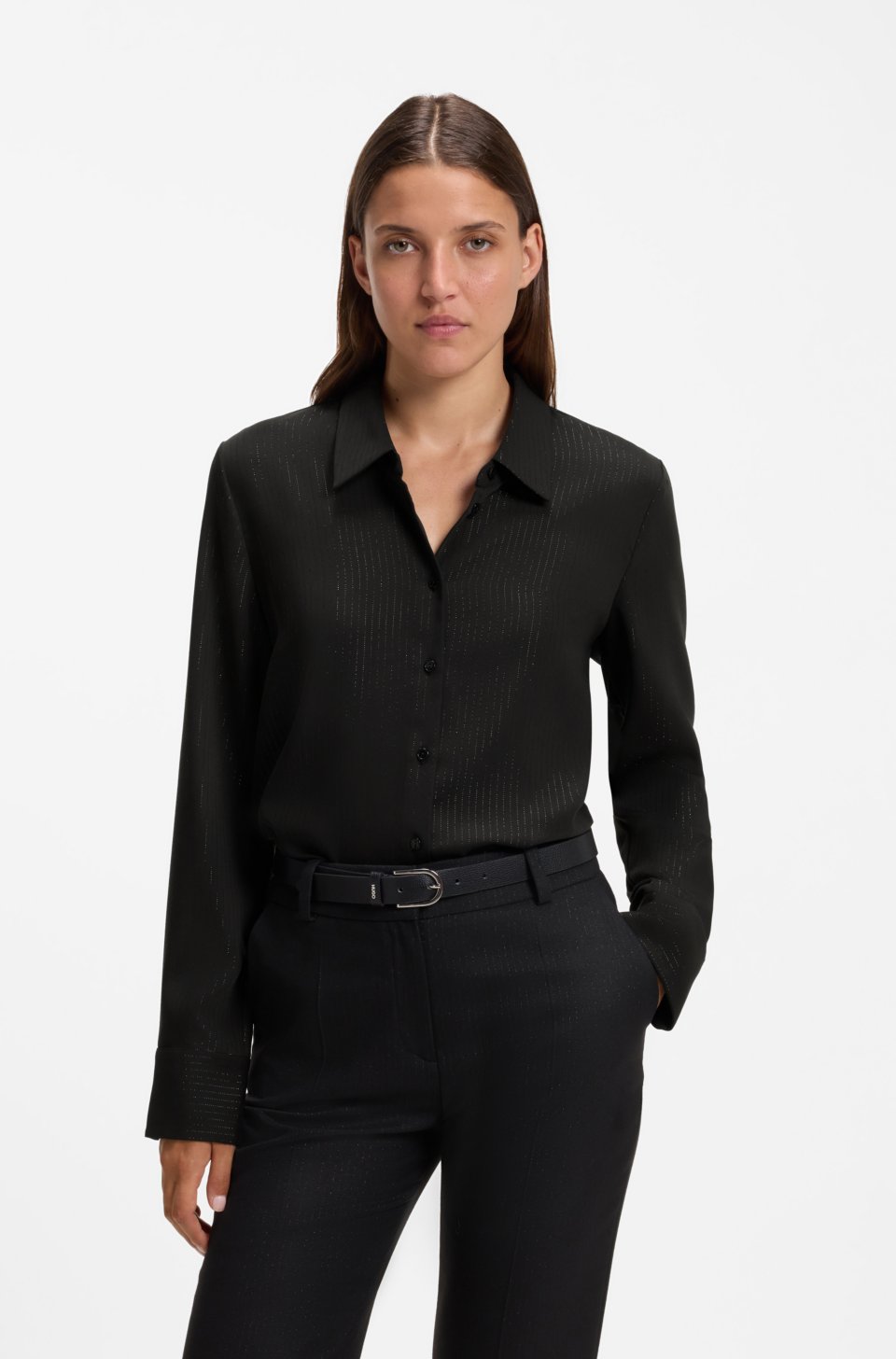 Pinstripe tailored blouse with metallic threads