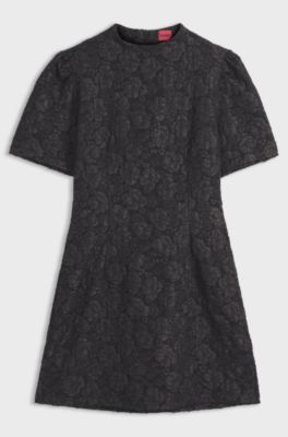Puff-sleeved business dress in floral brocade, Black Patterned