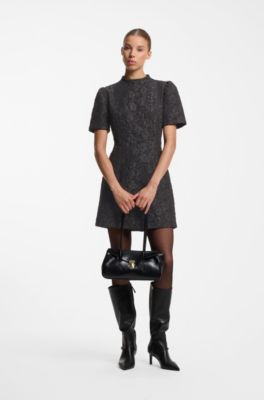 Puff-sleeved business dress in floral brocade, Black Patterned