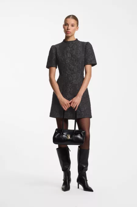 Puff-sleeved business dress in floral brocade